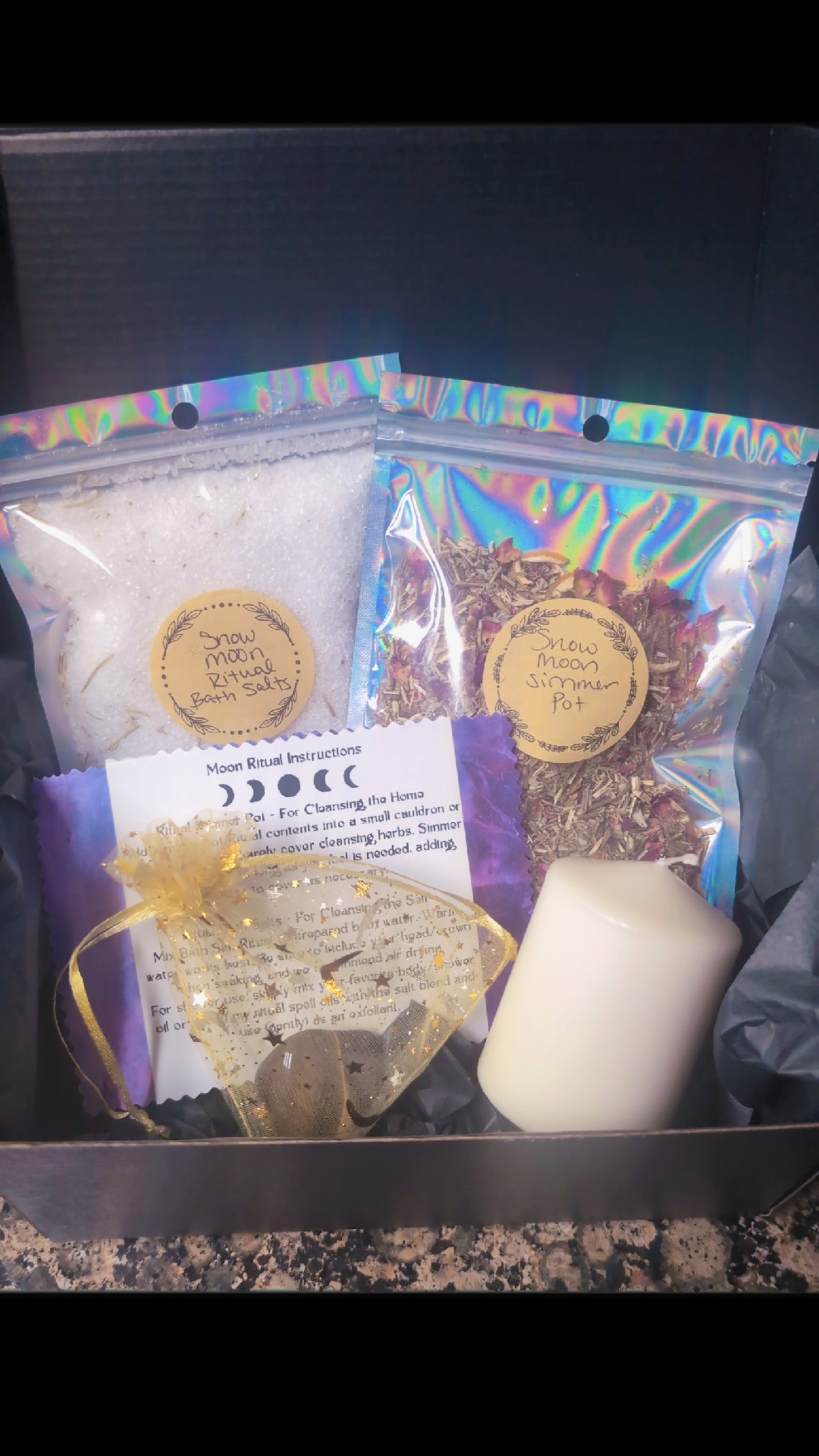 Monthly witchy magic box with lunar-aligned herbal simmer pot, soul cleansing bath salt blend, candles, and crystals